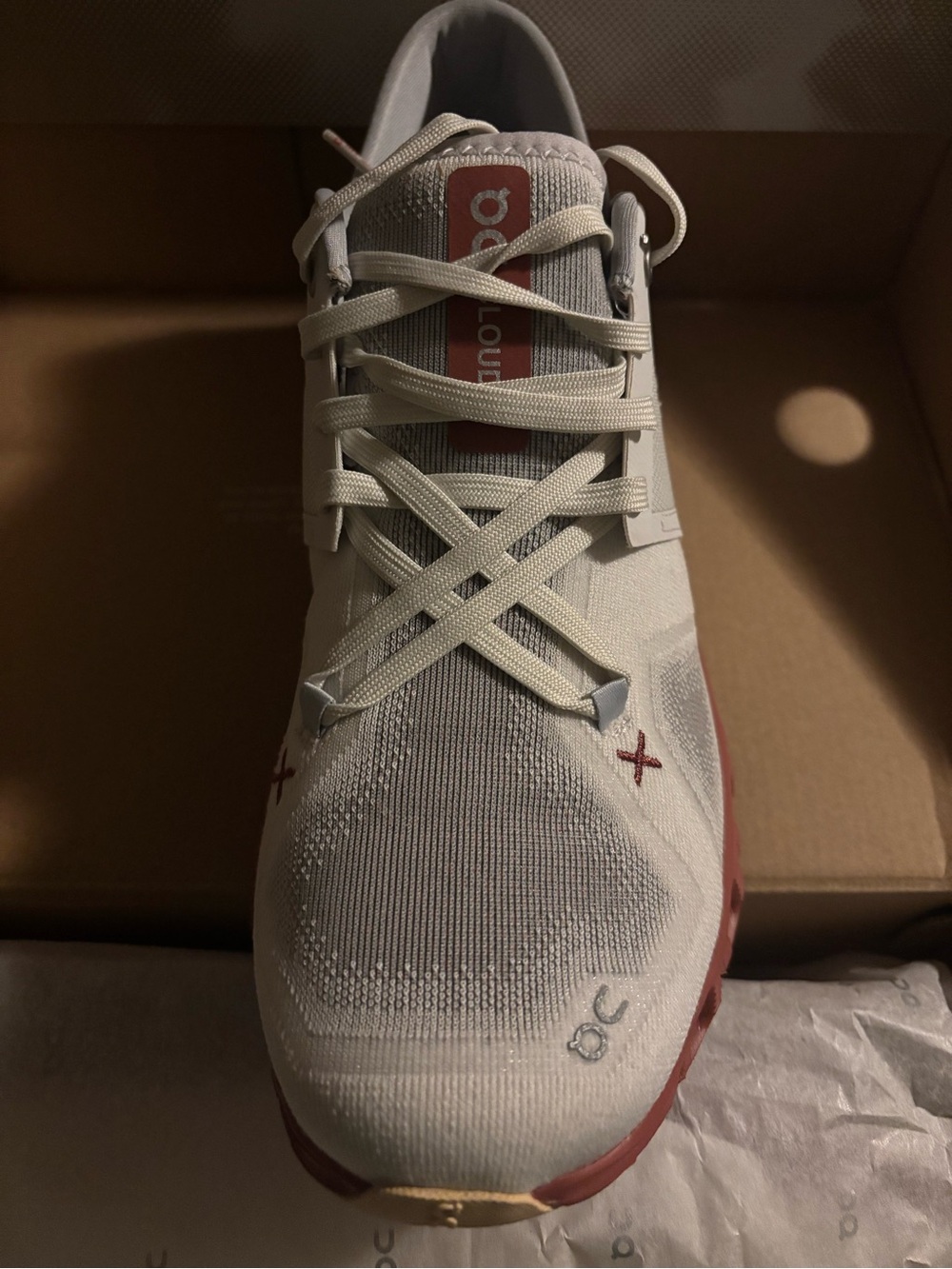 On Cloud Women's Athletic Shoe in Off-White and Red